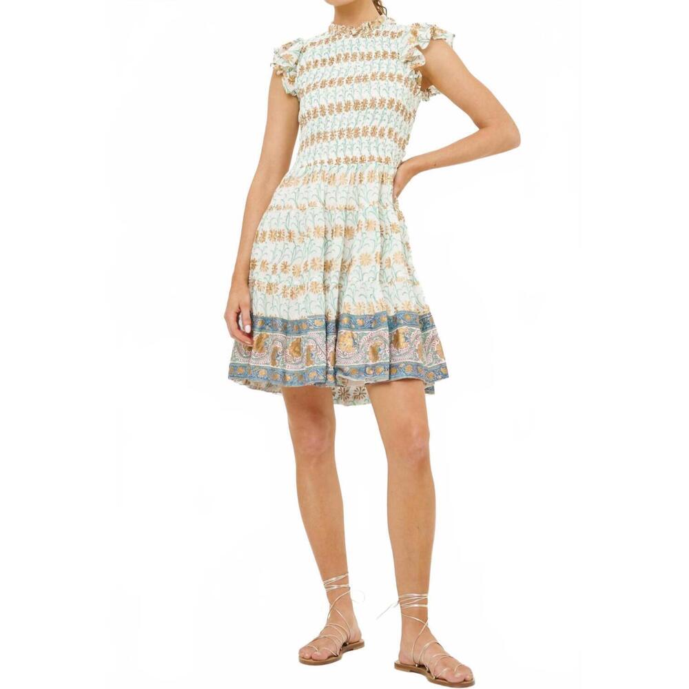 NEW OLIPHANT smocked flirty short dress in geneva green